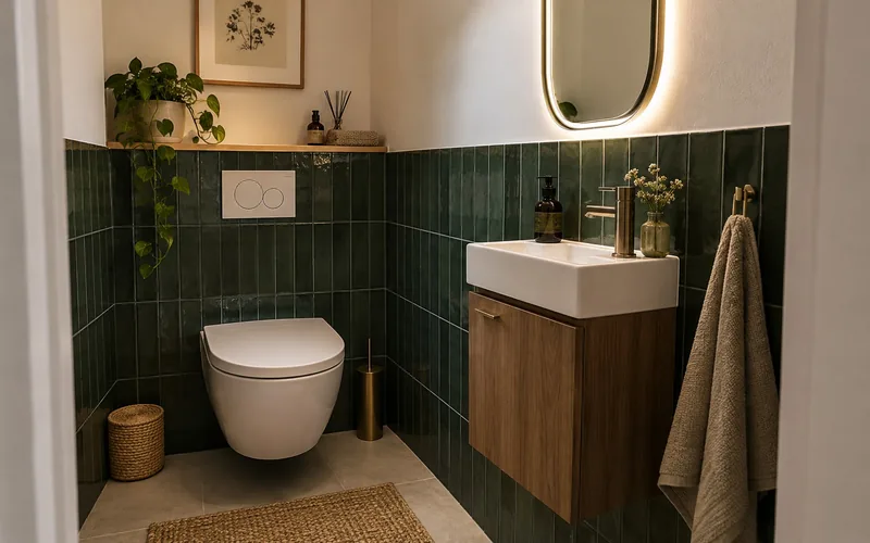 Kleines Gäste-WC mit wandhängendem WC und schmalem Handwaschbecken