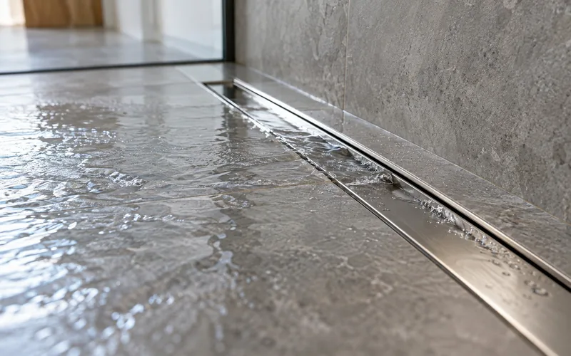 Edelstahl-Duschrinne in einer bodengleichen Dusche, Wasser läuft ab