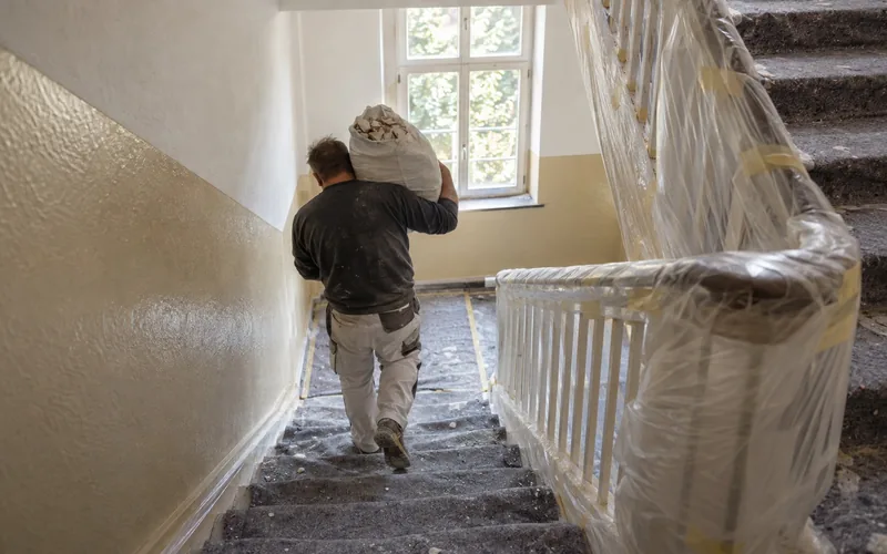 Abgedecktes Treppenhaus, ein Handwerker trägt einen Schuttsack nach unten