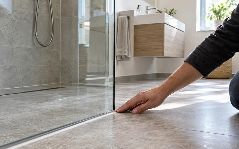 Fertiges Bad mit bodengleicher Dusche und Waschtisch, der Boden ist frisch gereinigt